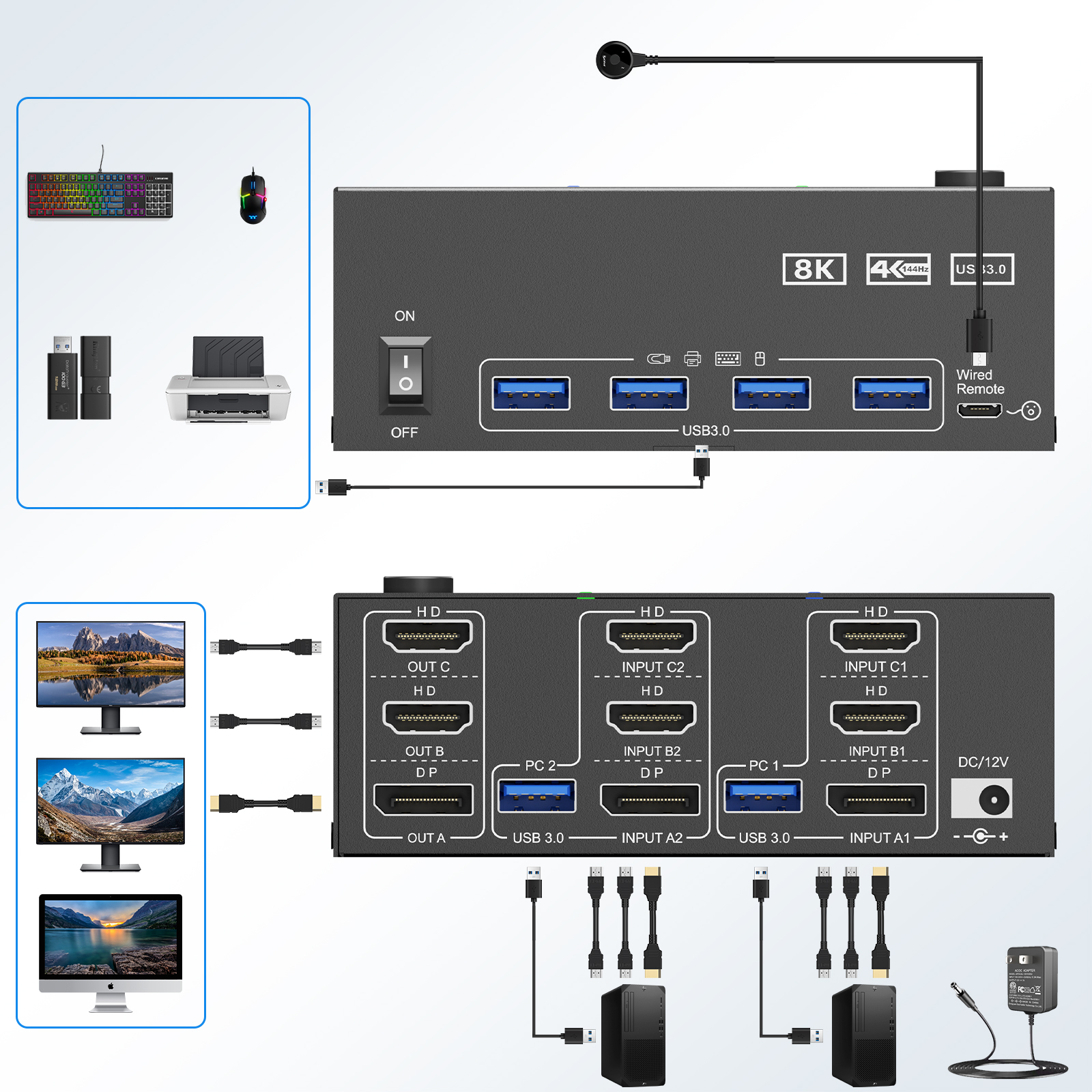 KCEVE 8K Tripe 3 Monitors KVM  - Keyboard Tenkeyless ulasan dan harga